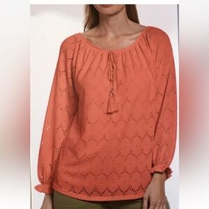 Rafaella Womens Embroidered Floral Eyelet Tunic Blouse Orange Lined Sz M